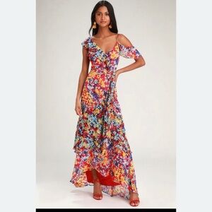Lulus Radiant red floral chiffon ruffle maxi dress